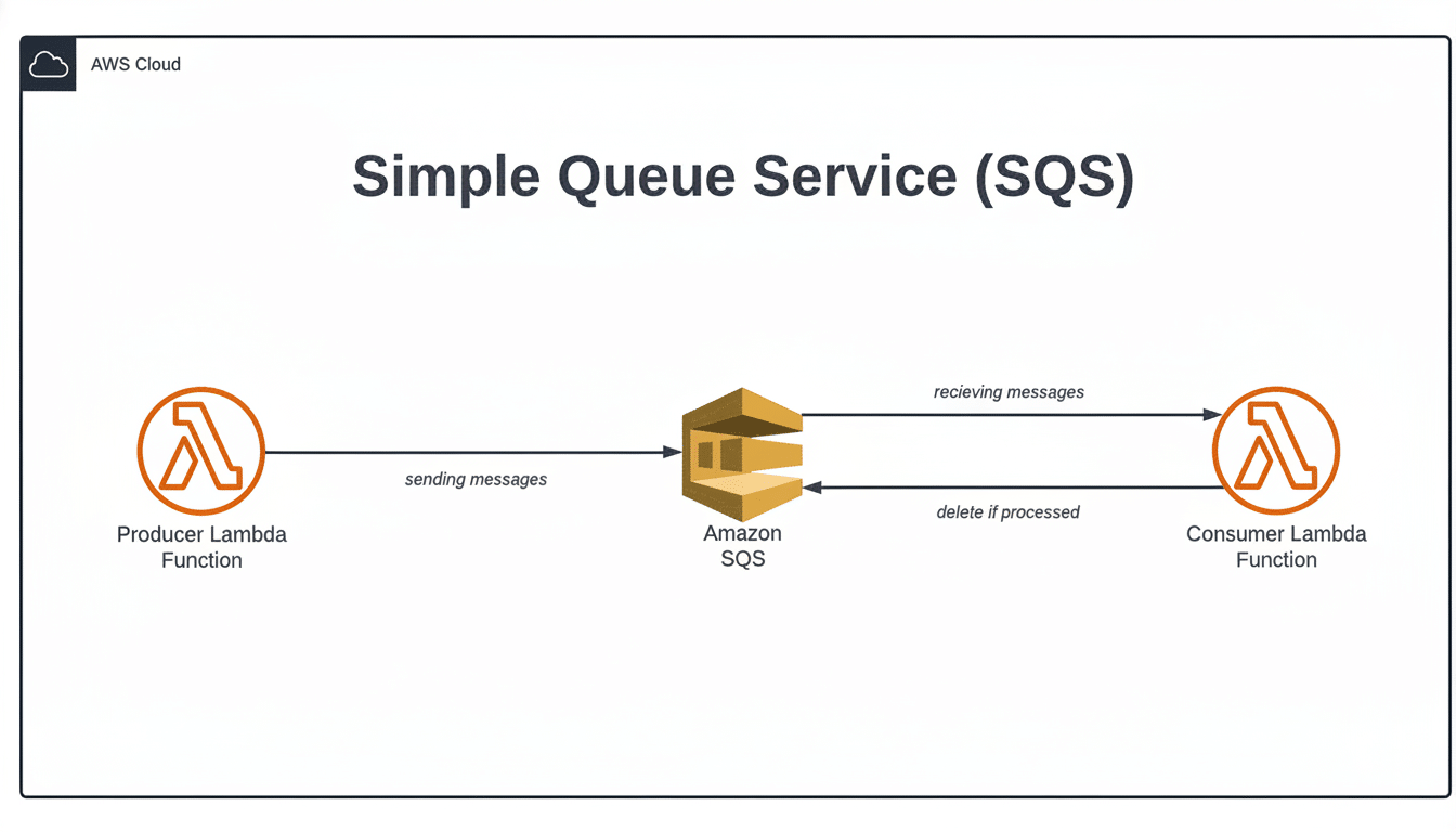 Diagram illustrating the AWS Simple Queue Service (SQS ) flow, with a Producer Lambda Function sending messages to Amazon SQS , which then sends messages to a Consumer Lambda Function. The consumer deletes messages after processing. Filename : awssq sflow diagram.png
