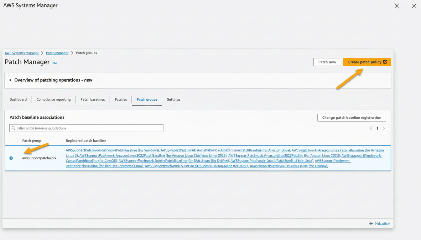 Screenshot of the AWS Systems Manager Patch Manager interface, showing the Patch groups tab with aw ssupportpatchwork selected and an arrow pointing to the Create patch policy button.