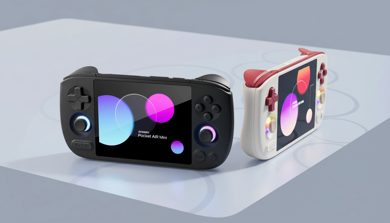 A professional shot of two handheld gaming consoles , one black and one white with red accents, on a light gray surface .