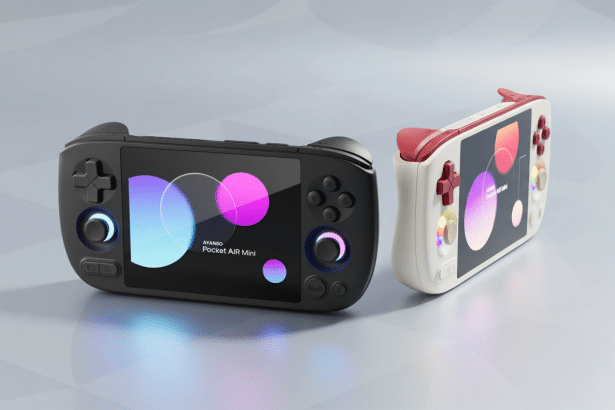A professional shot of two AYAN EO Pocket AIR Mini handheld gaming consoles, one black and one white with red accents, on a reflective surface.
