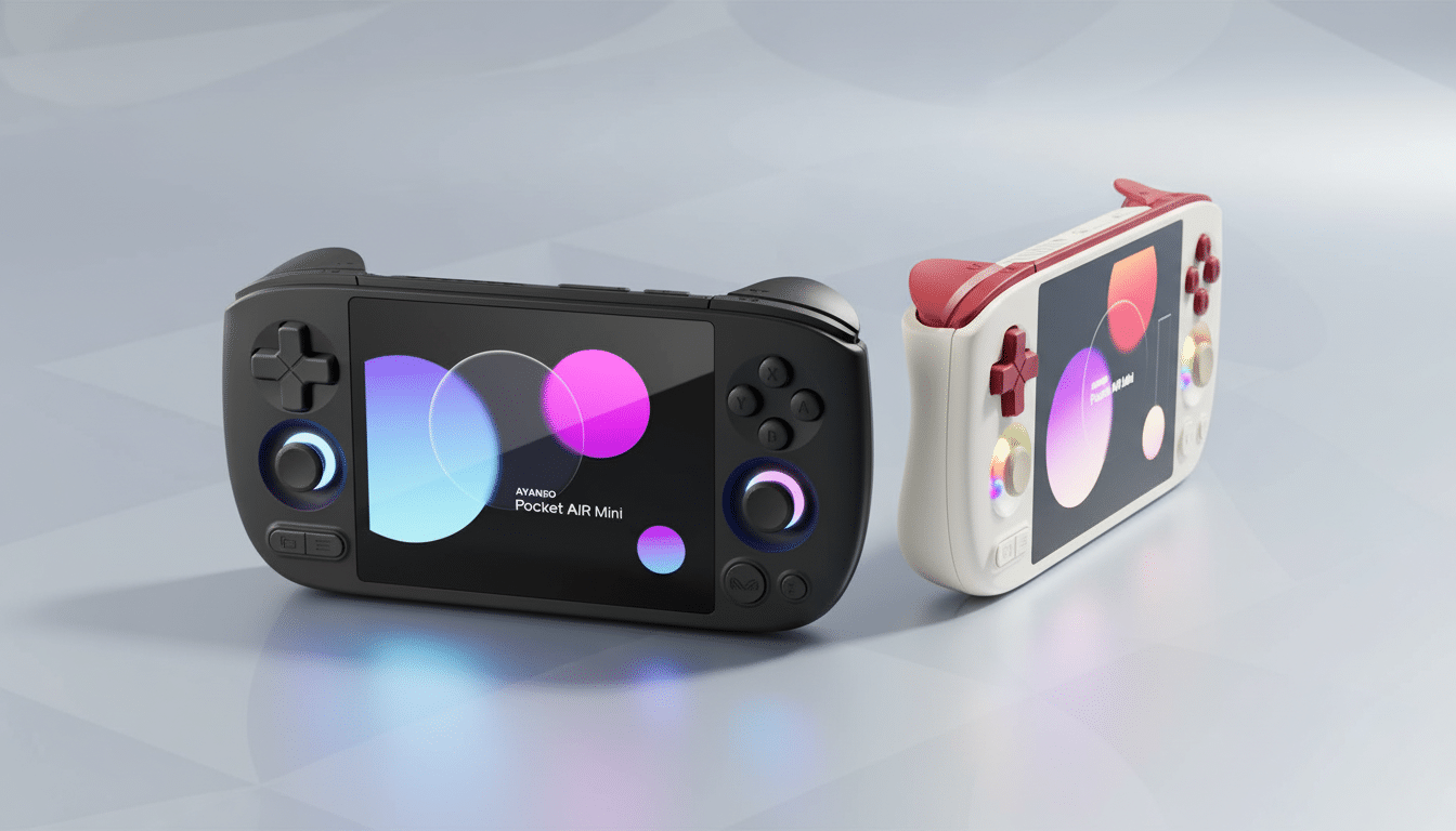 A professional shot of two AYAN EO Pocket AIR Mini handheld gaming consoles, one black and one white with red accents, on a reflective surface.