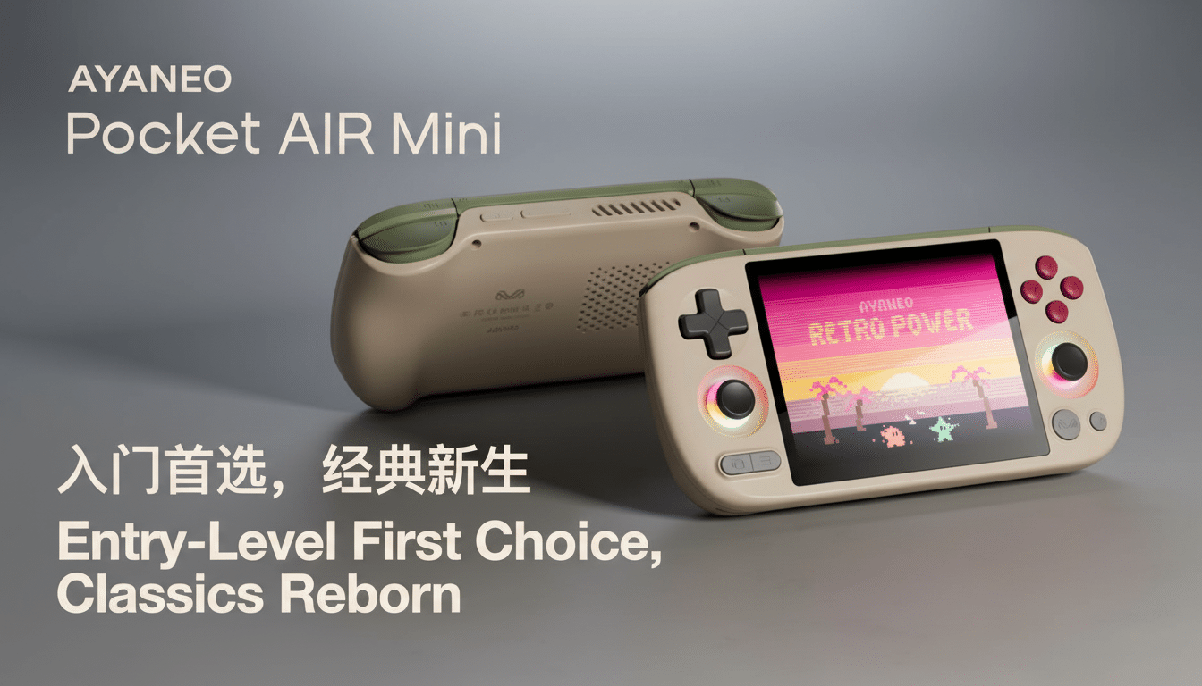 An AY AN EO Pocket AIR Mini handheld gaming console displayed on a professional background with text AYANEO Pocket AIR Mini and Entry-Level First Choi