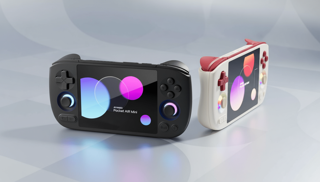 A professional 16:9 shot of two AYAN EO Pocket AIR Mini handheld gaming consoles, one black and one white with red accents, on a light gray surface .