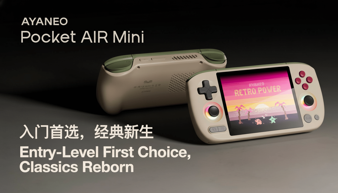 The AY AN EO Pocket AIR Mini handheld gaming console in a 1 6:9 aspect ratio, displayed against its original dark background, showcasing its front and back.