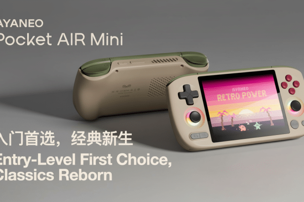 An Ay aneo Pocket AIR Mini handheld gaming console in a professional setting .