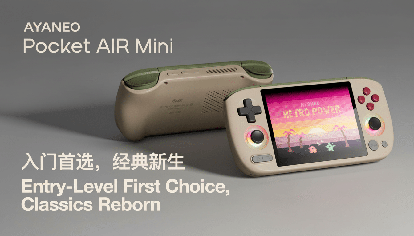 An Ay aneo Pocket AIR Mini handheld gaming console in a professional setting .