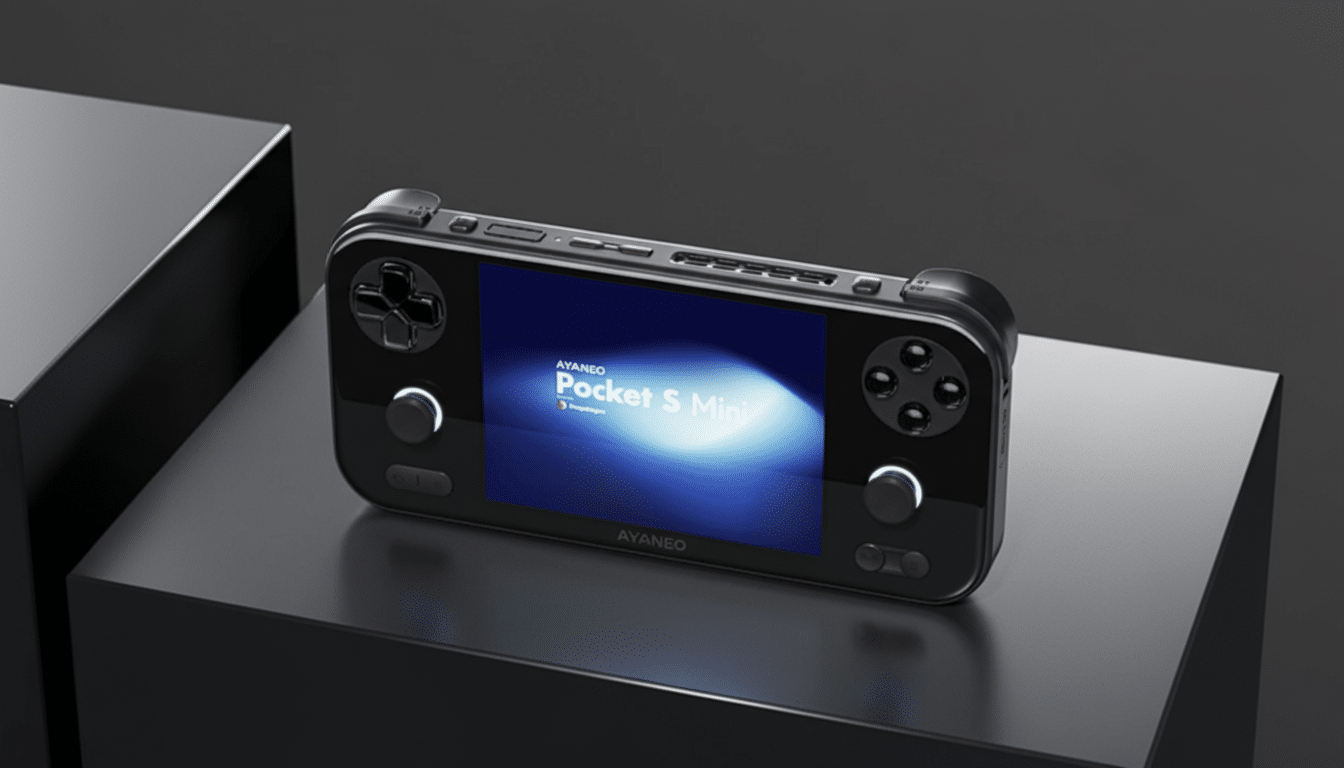 A professional , enhanced image of the black AYAN EO Pocket S Mini handheld gaming console , resized to a 1 6:9 aspect ratio, displayed on a dark grey surface with two geometric blocks .