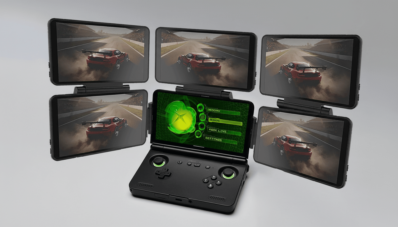 A central black handheld gaming device with a green Xbox- themed interface is surrounded by five black tablets, each displaying a red sports car racin