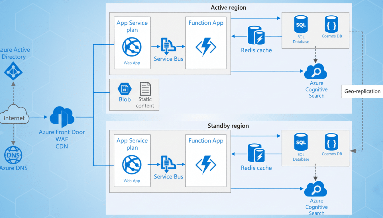 A professional diagram illustrating a disaster recovery architecture with active and standby Azure regions. The active region includes Azure Active Directory, Azure DNS , Azure Front Door , Web App, Service Bus, Function App, Redis cache , SQL Database, Cosmos DB, Azure Cognitive Search, Blob storage, and static content. The standby region mirrors this setup for geo- replication. The background has been enhanced with a soft blue gradient and subtle cloud patterns. Filename : azuredr architecture enhanced .png