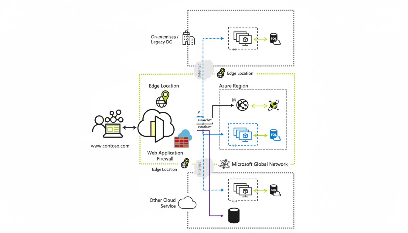 A diagram illustrating a hybrid cloud architecture with on-premises, Azure Region, and other cloud services connected via the internet and Microsoft Global Network, featuring web application firewall and edge locations.