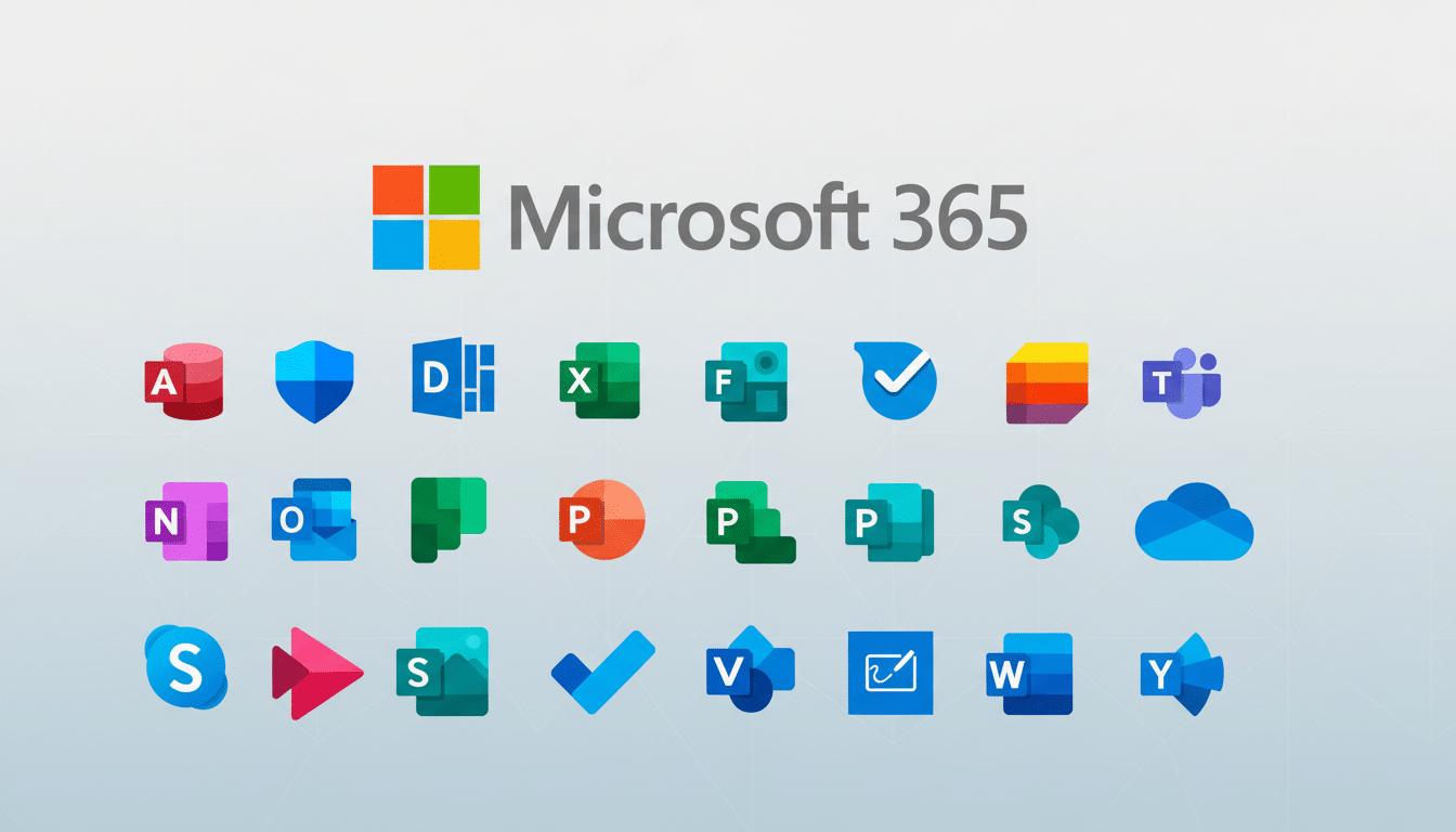 Microsoft 365 logo with various app icons, resized to a 1 6: 9 aspect ratio with a soft gradient background.