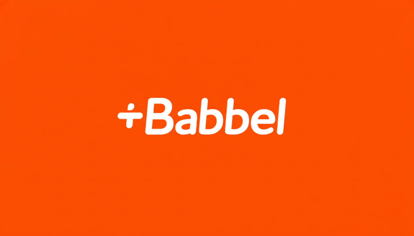 The Babbel logo, featuring the word Babbel in white text with a plus sign to the left, all set against a solid orange background. The image has been resized to a 16:9 aspect ratio.