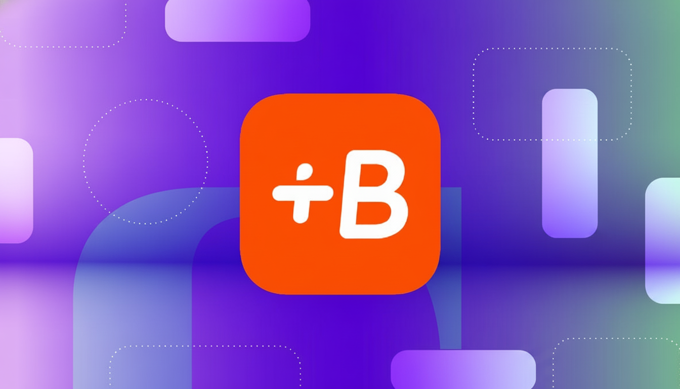 A vibrant orange square icon with a white ÷B symbol in the center, set against a professional 16:9 aspect ratio background featuring a gradient of purple to green with subtle, abstract geometric shapes and dotted lines.