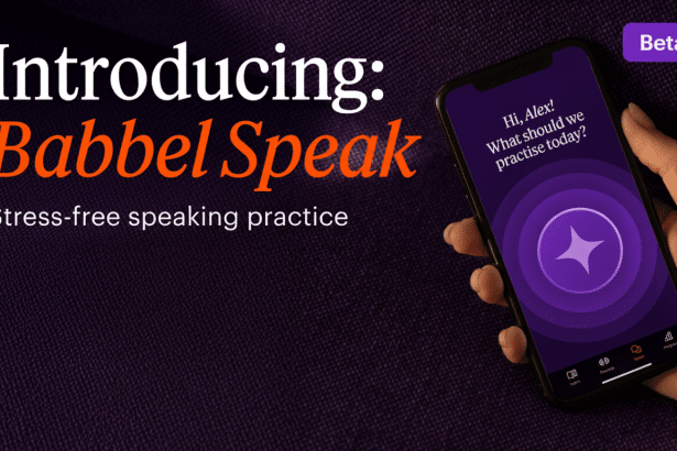 An advertisement for Babb el Speak, showing a smartphone held by a hand, displaying the app interface with a greeting to Alex and a prompt What should