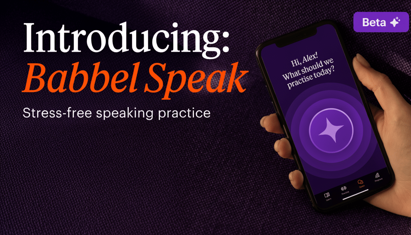 An advertisement for Babb el Speak, showing a smartphone held by a hand, displaying the app interface with a greeting to Alex and a prompt What should