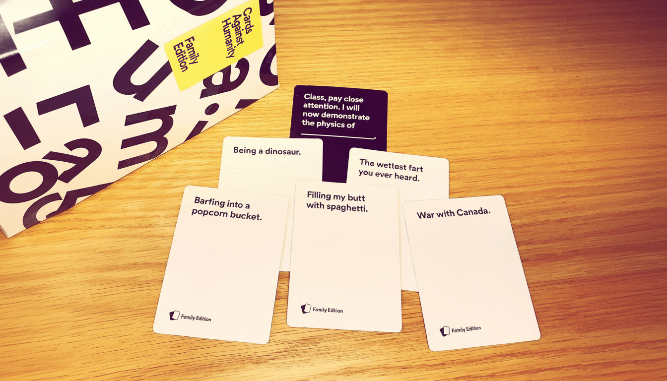 An overhead view of a wooden table with several Cards Against Humanity Family Edition cards laid out. One black card reads Class, pay close attention. I will now demonstrate the physics of and several white answer cards show humorous phrases. A partially visible Cards Against Humanity Family Edition box is in the upper left corner. Filename : cardsagainst humanity familyedition 16x 9. png