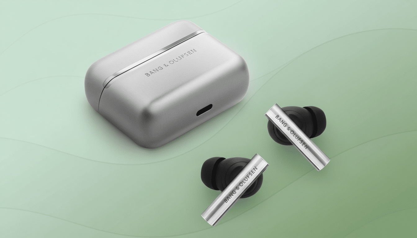 Bang & Olufsen wireless earbuds and their charging case, presented on a subtle green background with a soft wave pattern.