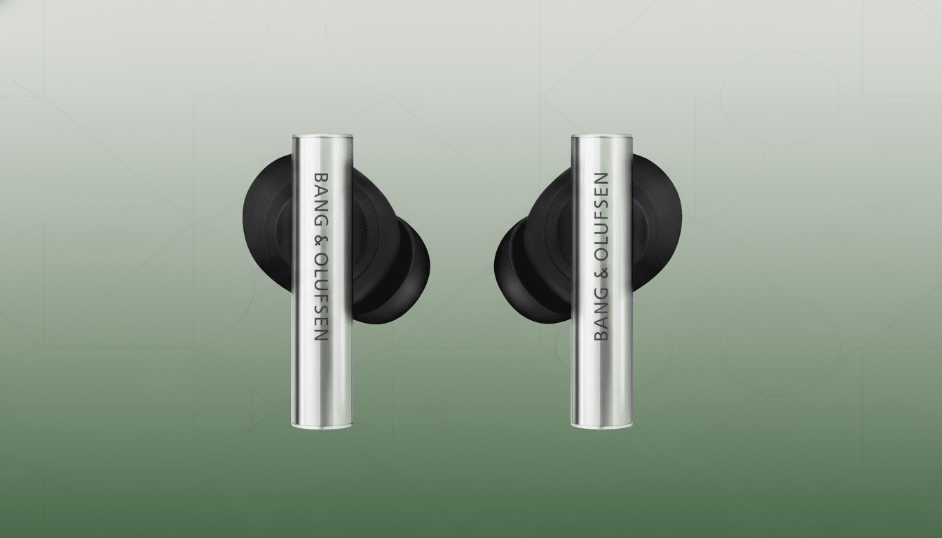 A pair of Bang & Olufsen wireless earbuds, silver with black tips , presented on a soft green gradient background with subtle geometric patterns.