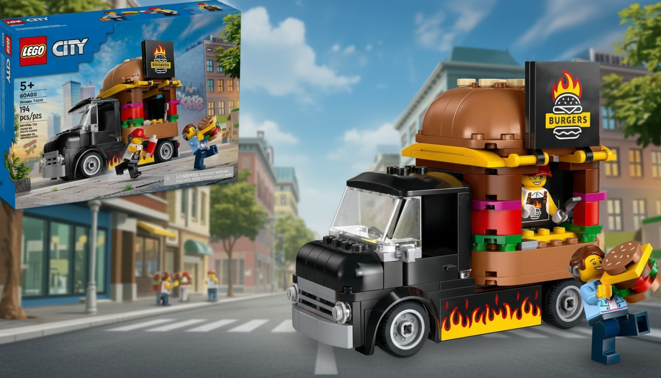 A Lego City Burger Truck set, featuring a black truck with a burger-shaped food stand on its bed, flames painted on the side, and two Lego minifigures. One minifigure is serving from the truck, and another is holding a burger. The original product box is visible in the upper left corner.