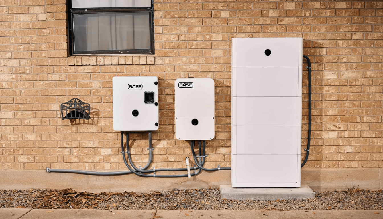 Three white BASE brand energy units and a battery storage system mounted on a brick wall .