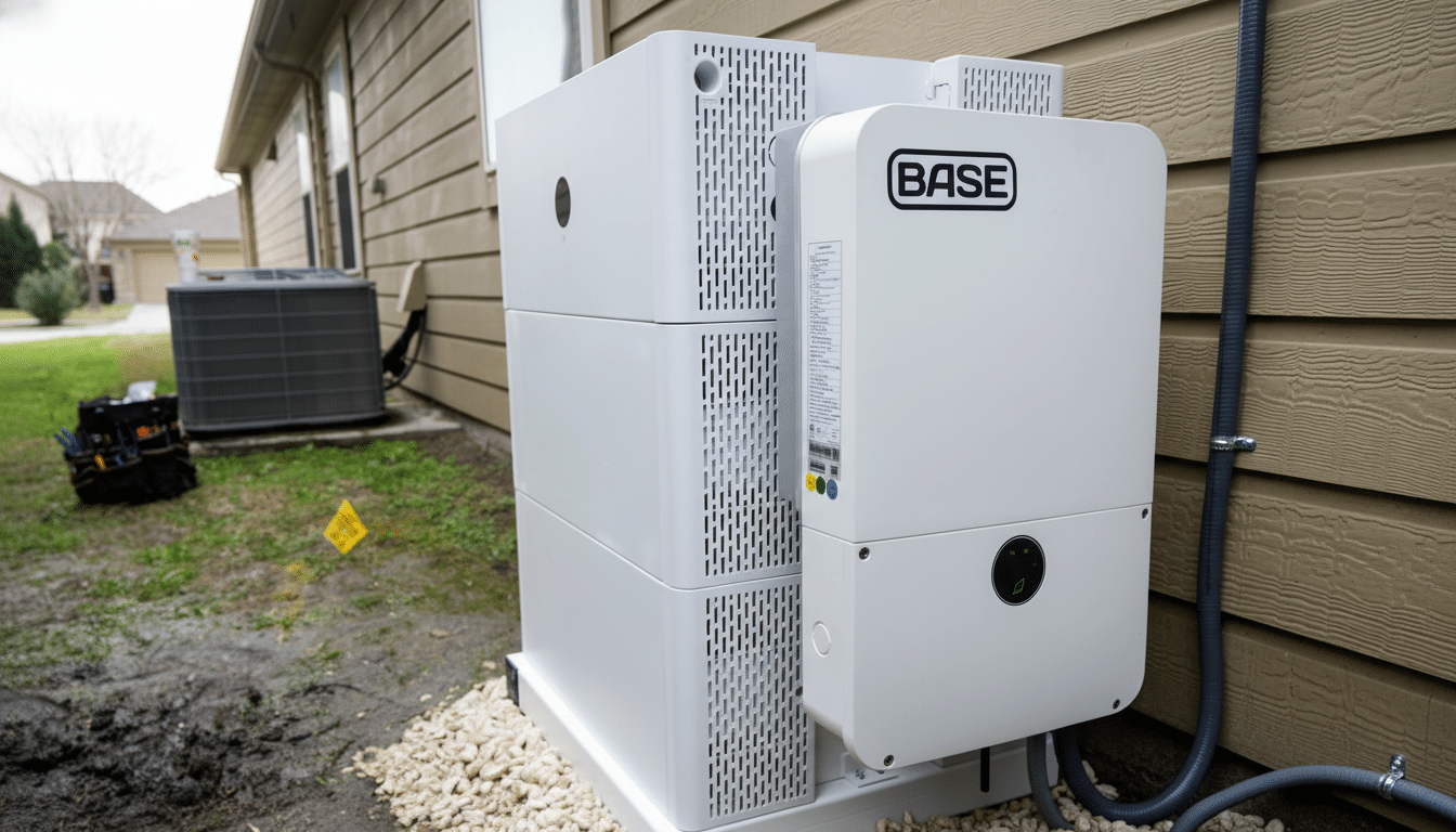 An outdoor view of a white BASE battery storage system with an inverter unit , installed against a residential wall , with a small gravel base .