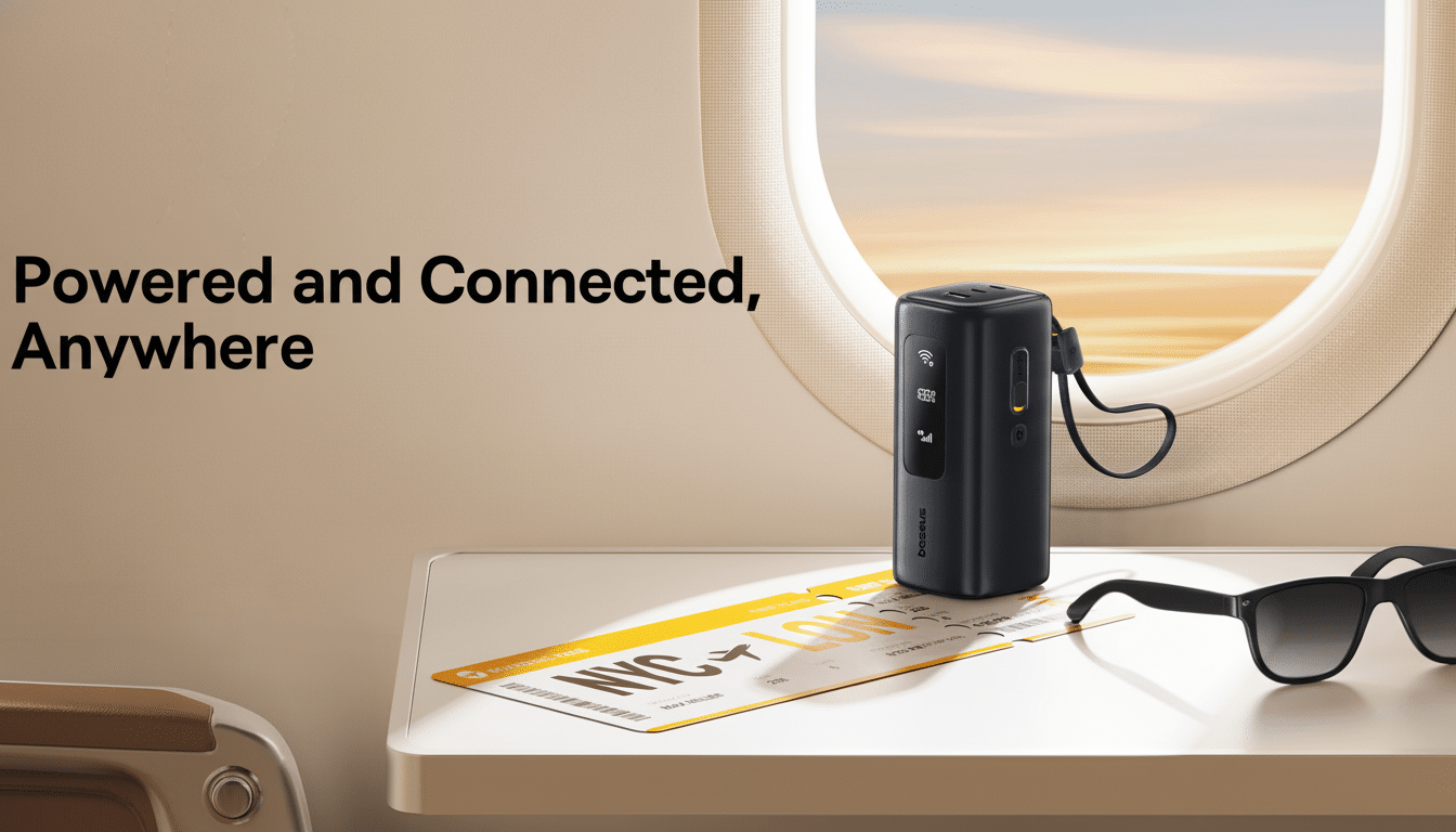 All-in-one travel device with power adapter, USB-C charging, and Wi‑Fi hotspot