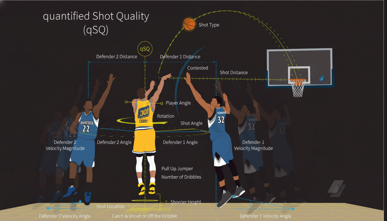 An infographic detailing quantified Shot Quality (qSQ) in basketball, showing player angles, distances, and other metrics during a shot.