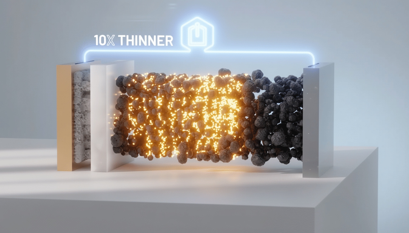 An animation showing a battery component described as 10x thinner with glowing orange particles between two electrodes.