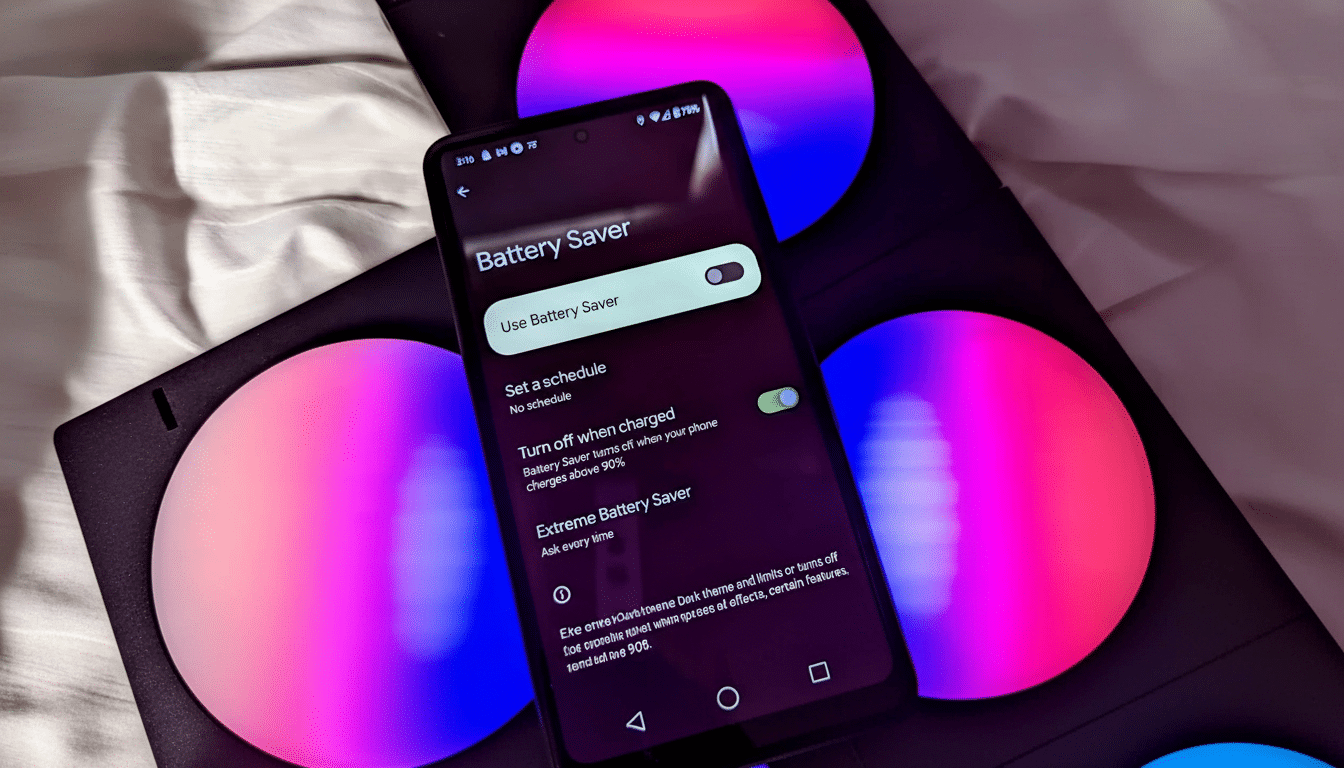 A smartphone displaying the Battery Saver settings in a dark theme , with the Use Battery Saver toggle set to off . The phone is placed on a surface with colorful, illuminated circular objects in the background.