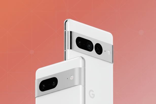 A professional shot of two white Google Pixel phones, one slightly behind the other, set against a soft coral background with a subtle geometric patte