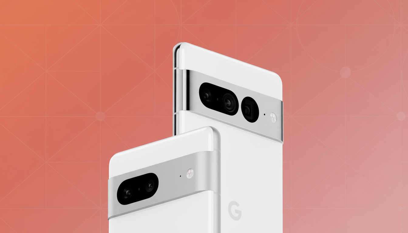 A professional shot of two white Google Pixel phones, one slightly behind the other, set against a soft coral background with a subtle geometric patte