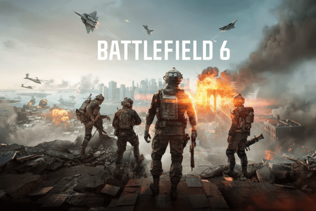 Soldiers stand on a ruined landscape looking at a city skyline under attack , with fighter jets in the sky and the B ATTLEFIELD 6 logo.
