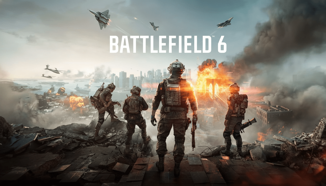 Soldiers stand on a ruined landscape looking at a city skyline under attack , with fighter jets in the sky and the B ATTLEFIELD 6 logo.