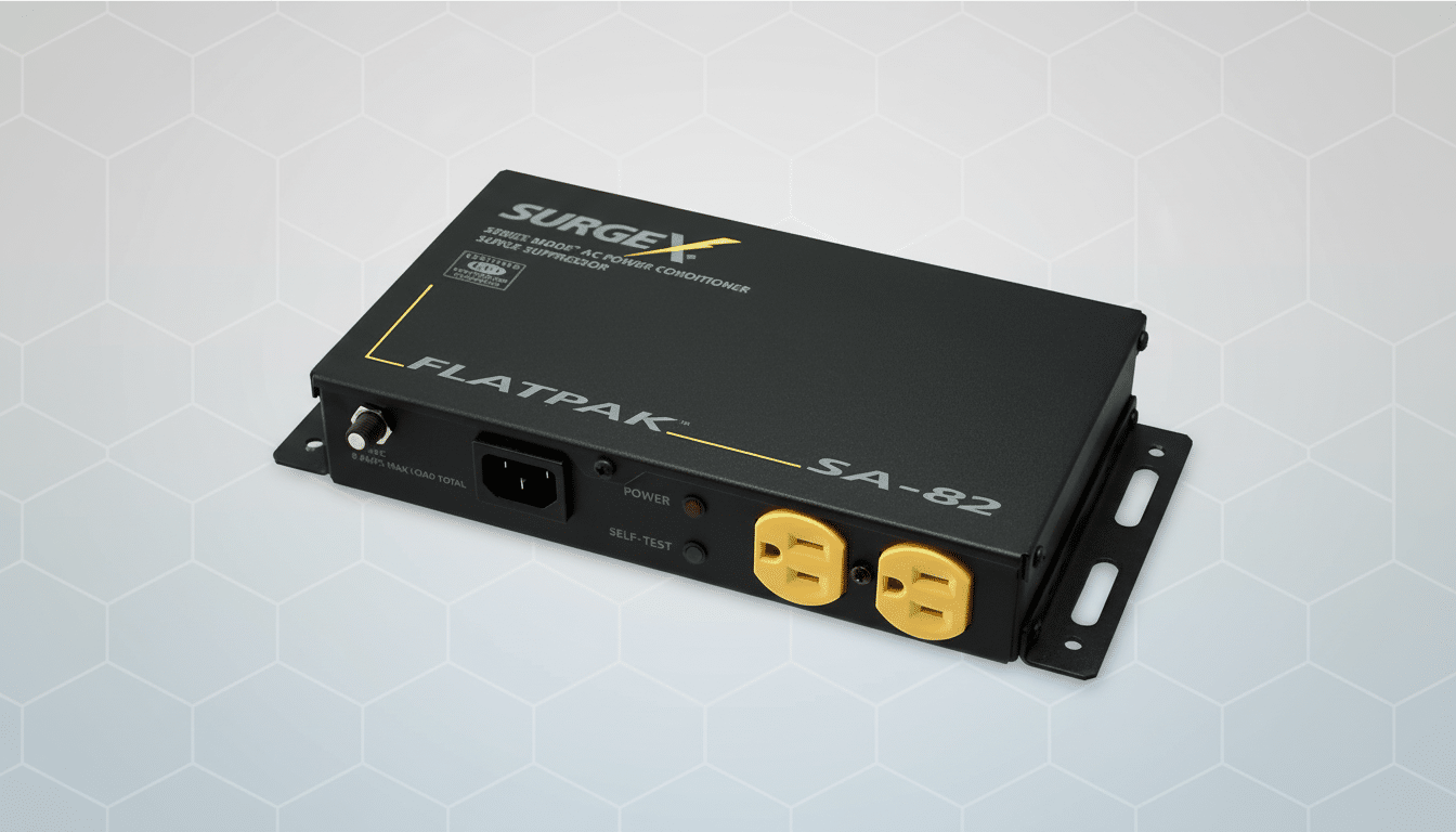 A black SurgeX Flatpak SA-82 AC power conditioner with two yellow outlets , against a professional flat gray background with a subtle hexagonal pattern.