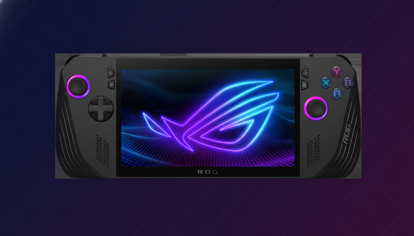 A black ROG Ally handheld gaming console with a glowing blue and purple ROG logo on its screen, set against a dark background with subtle geometric patterns.