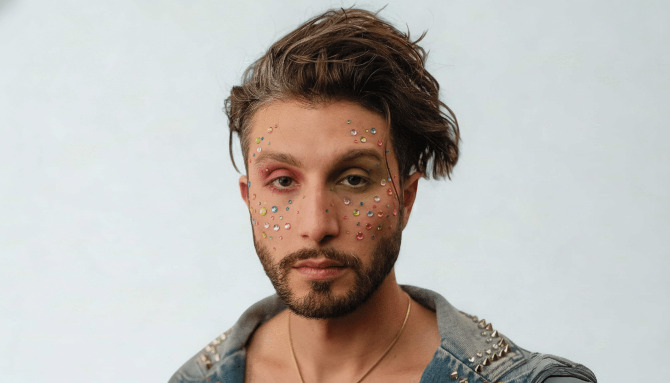 A man with a beard, wearing a denim jacket with studs , and colorful gems on his face, looking directly at the viewer . He has pink eye makeup on one eye and green on the other.
