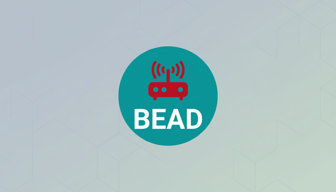 The BEAD logo, featuring a red router icon on a teal circle, is presented on a soft, professional flat design background with subtle geometric pattern