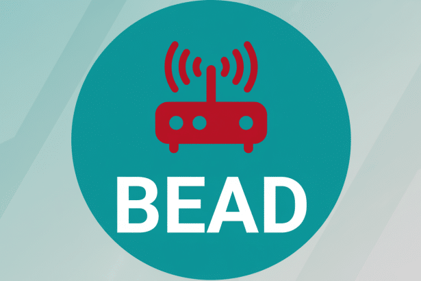 BE AD logo with a red wireless router icon on a teal circle , set against a professional light grey background with soft geometric patterns.