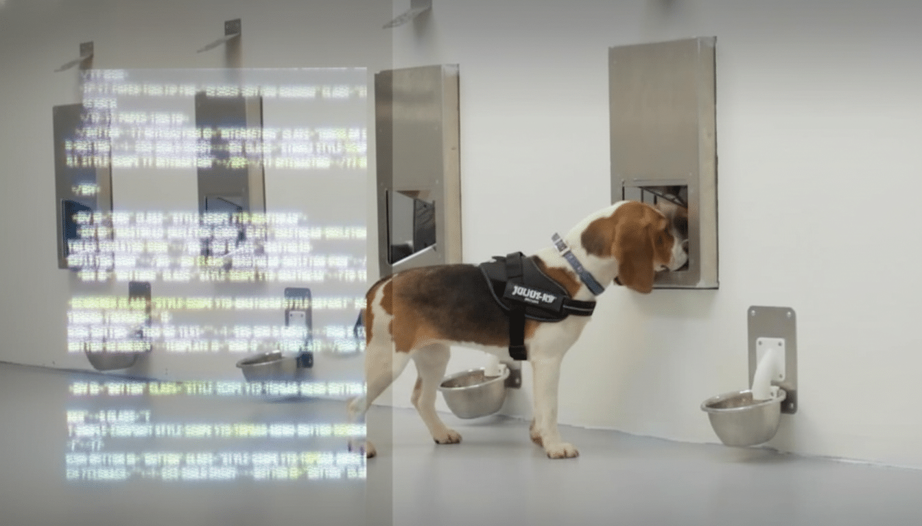 A beagle dog wearing a JUL IUS-K 9 harness sn iffs at a small opening in a metal wall panel , with a food bowl below .