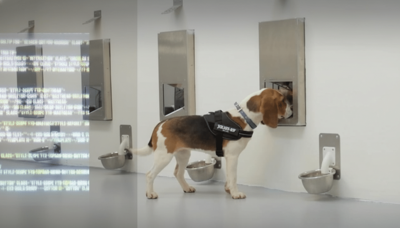 A beagle wearing a JULIUS-K 9 harness sniffing into an opening in a wall , with two similar openings visible, each having a metal bowl below it .