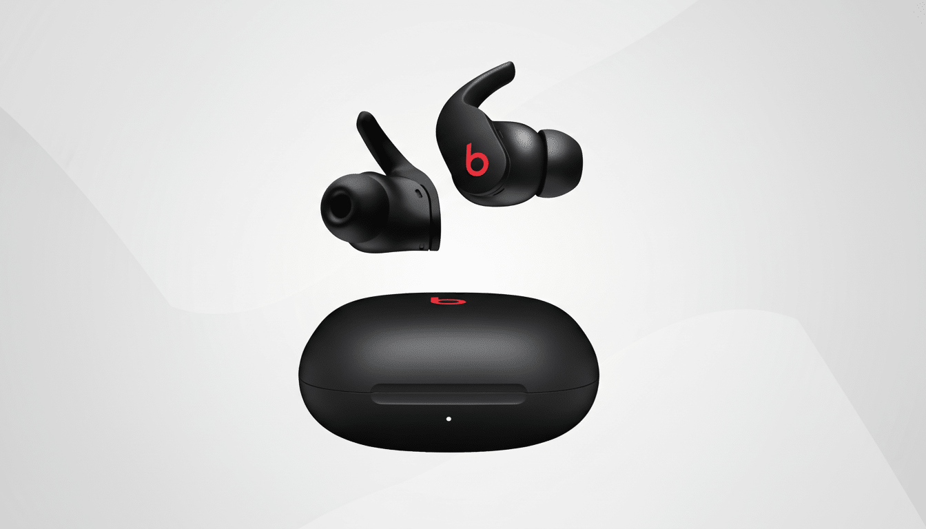 A pair of black Beats Fit Pro wireless earbuds are shown with their matching charging case on a light grey background with subtle white gradient patterns. Filename : beatsfit proear budsand case.png
