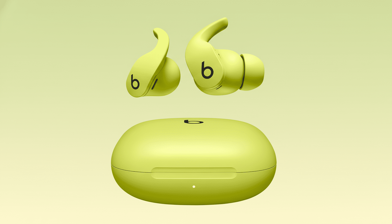 A pair of lime green Beats Fit Pro earbuds and their matching charging case are displayed against a soft, complementary lime green gradient background. Filename : beatsfit proear budslime green.png