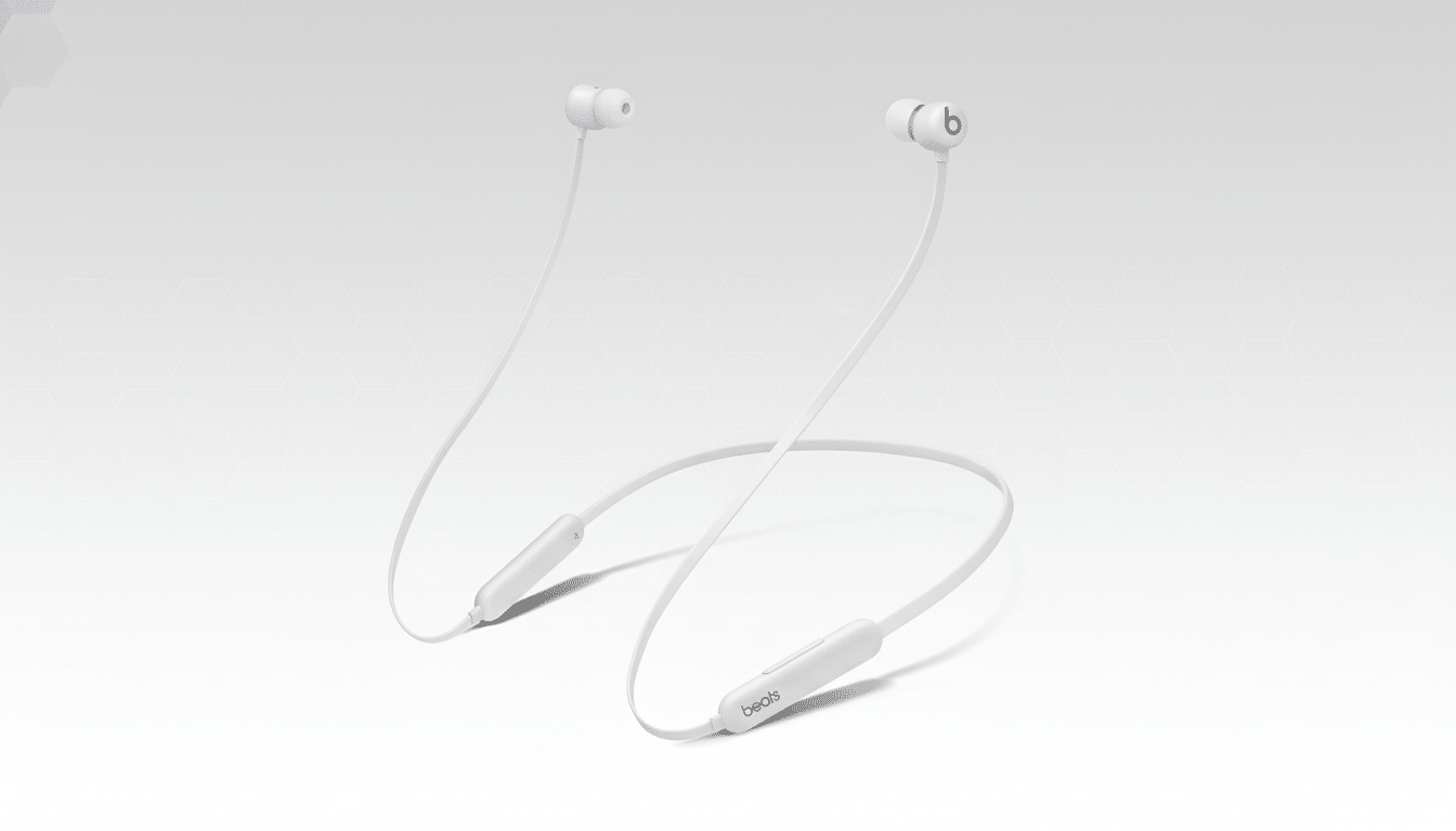 White Beats Flex wireless earphones presented professionally on a subtle gray background with a soft geometric pattern.