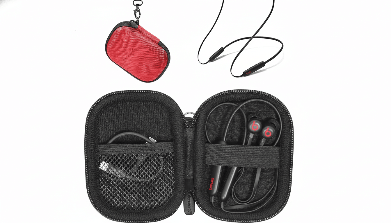 A red protective carrying case for earphones , shown both closed and open, displaying black Beats earphones inside. The earphones are also shown separately, unw ound.