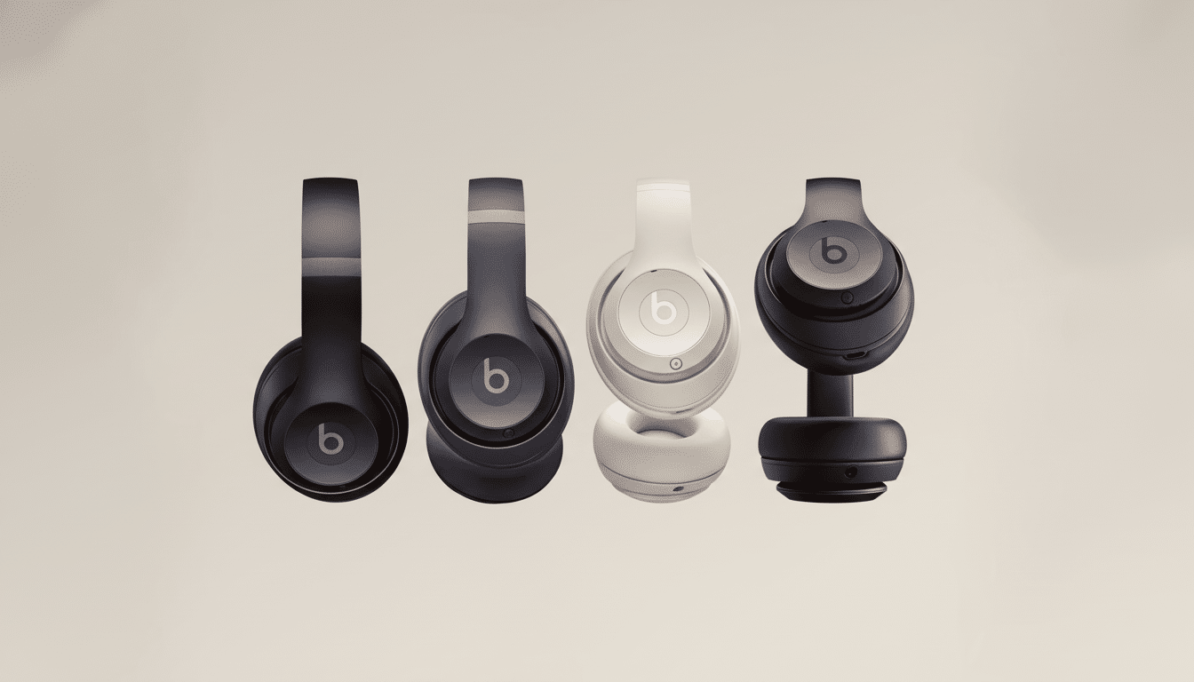 Four pairs of Beats by Dre headphones in various colors are arranged in a line on a light, neutral background, presented in a 1 6:9 aspect ratio. Filename : beatsheadphones line up .png