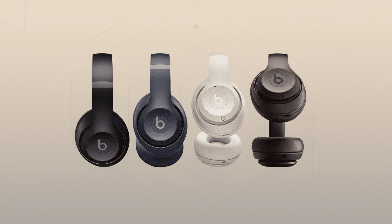 Four Beats headphones in different colors (black, blue, white, and dark brown) are arranged horizontally on a soft gradient background with subtle geo