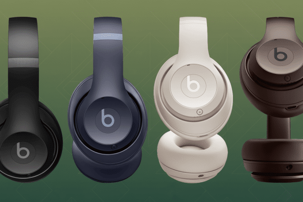 Four Beats headphones in different colors ( black, blue, white, and brown) displayed against a professionally enhanced green background with subtle patterns.