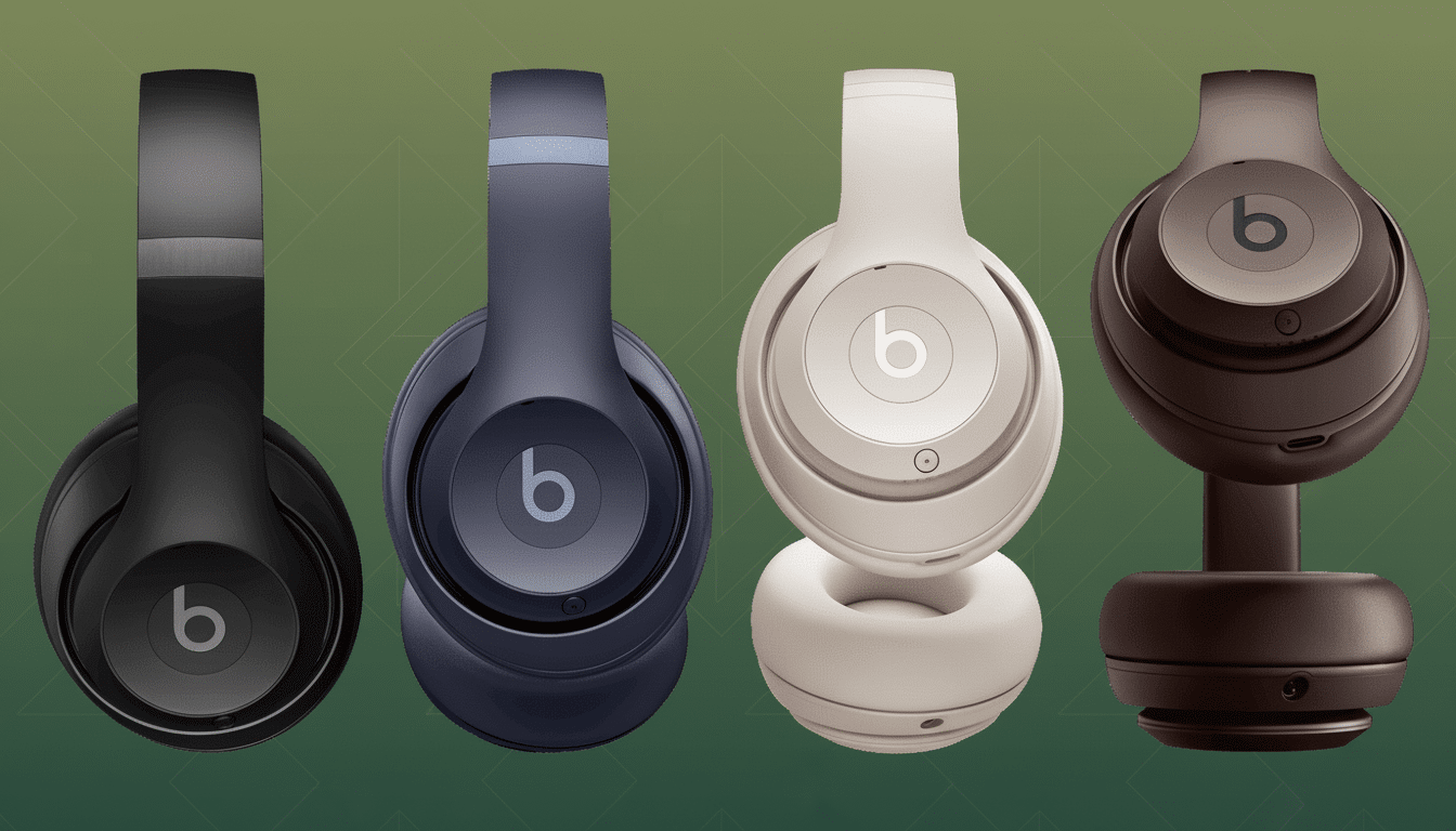 Four Beats headphones in different colors ( black, blue, white, and brown) displayed against a professionally enhanced green background with subtle patterns.