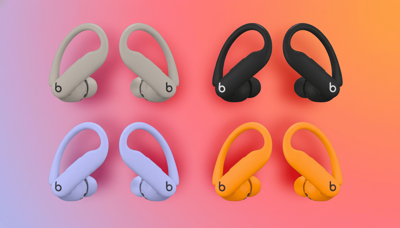Four pairs of Beats Power beats Pro earbuds in beige , black, lavender , and orange, against a gradient background.