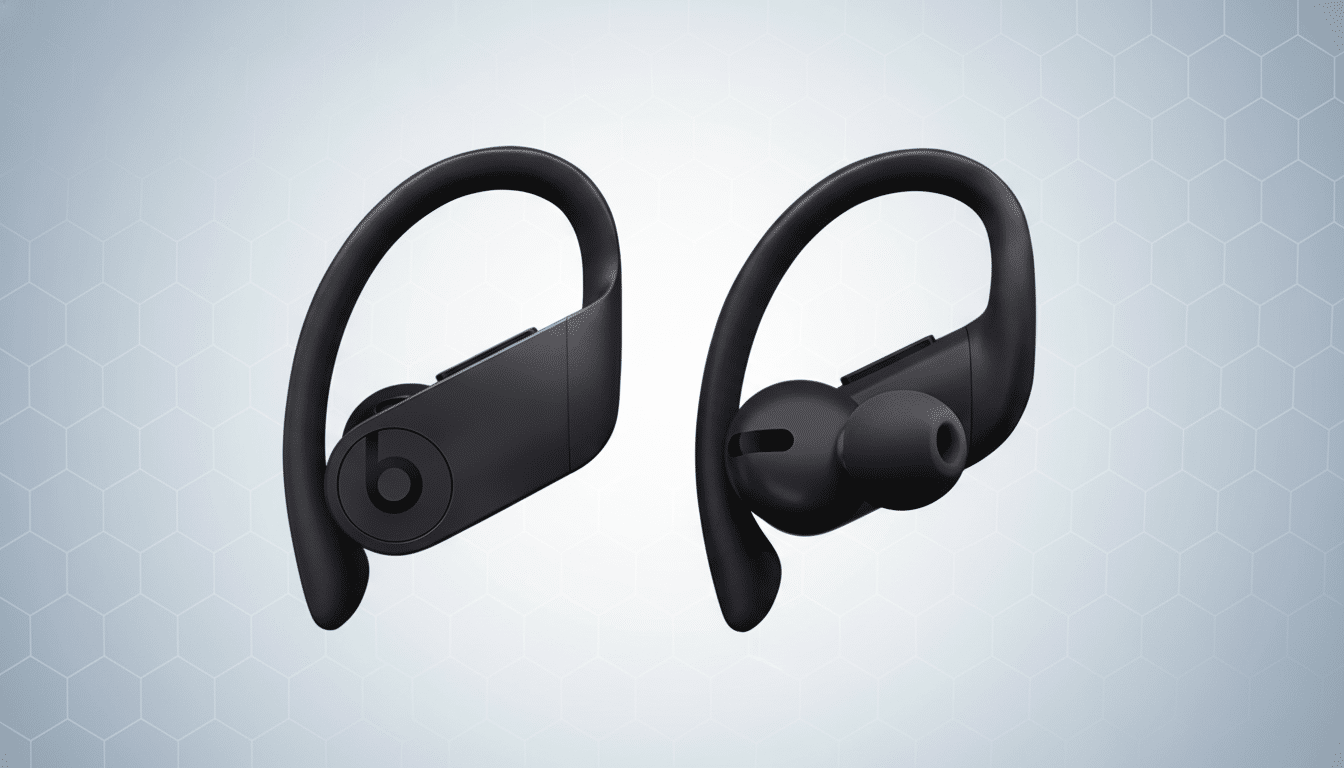 A pair of black Beats Powerbeats Pro wireless earbuds with ear hooks, displayed against a light grey background with subtle hexagonal patterns .